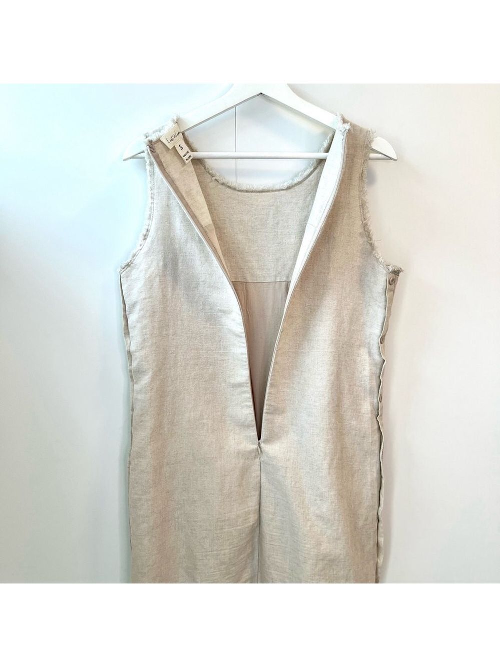 Lost in Lunar Linen Cotton Shift Dress Fringe Trim, Beige Oatmeal Sleeveless, S - Picture 11 of 16